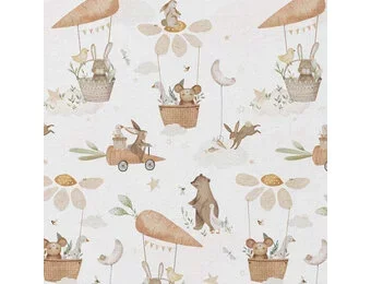 Katoen Poplin Stof - Dieren Droomwereld Wit - Kastanje