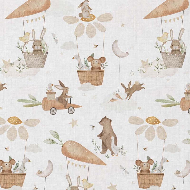 Katoen Poplin Stof - Dieren Droomwereld Wit - Kastanje