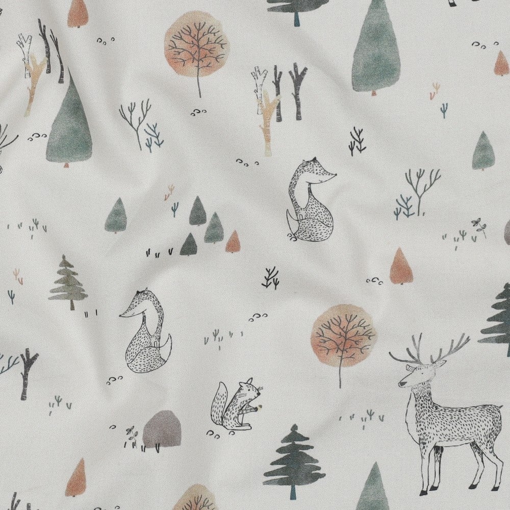Katoen Poplin Stof Digitale Print - Bosdieren - Off White