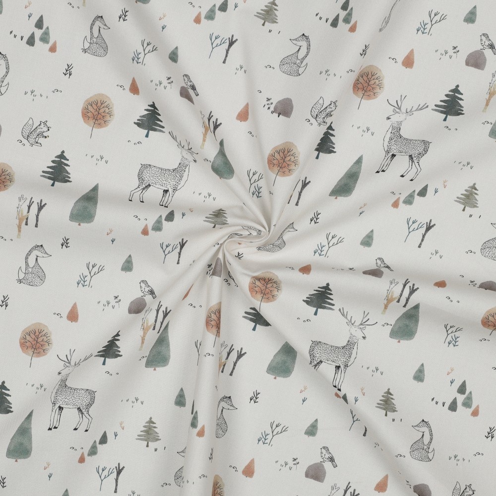 Katoen Poplin Stof Digitale Print - Bosdieren - Off White