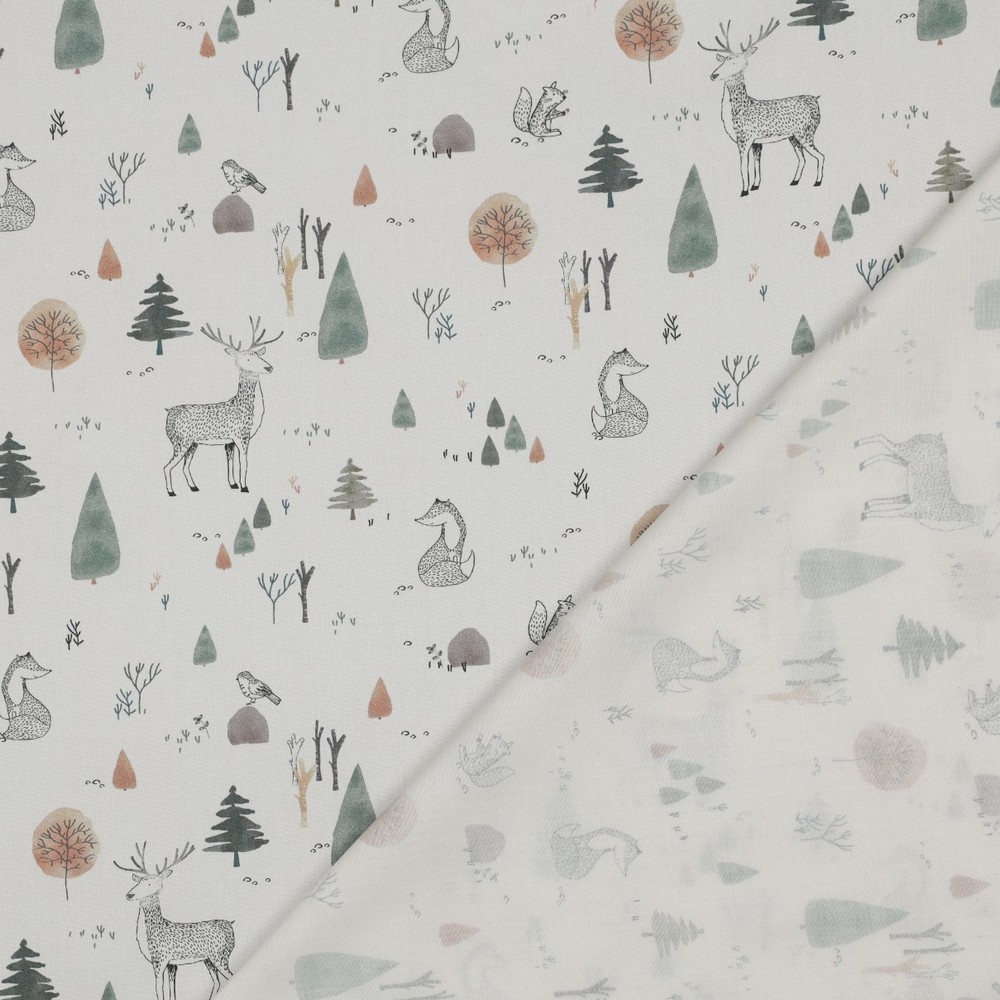 Katoen Poplin Stof Digitale Print - Bosdieren - Off White