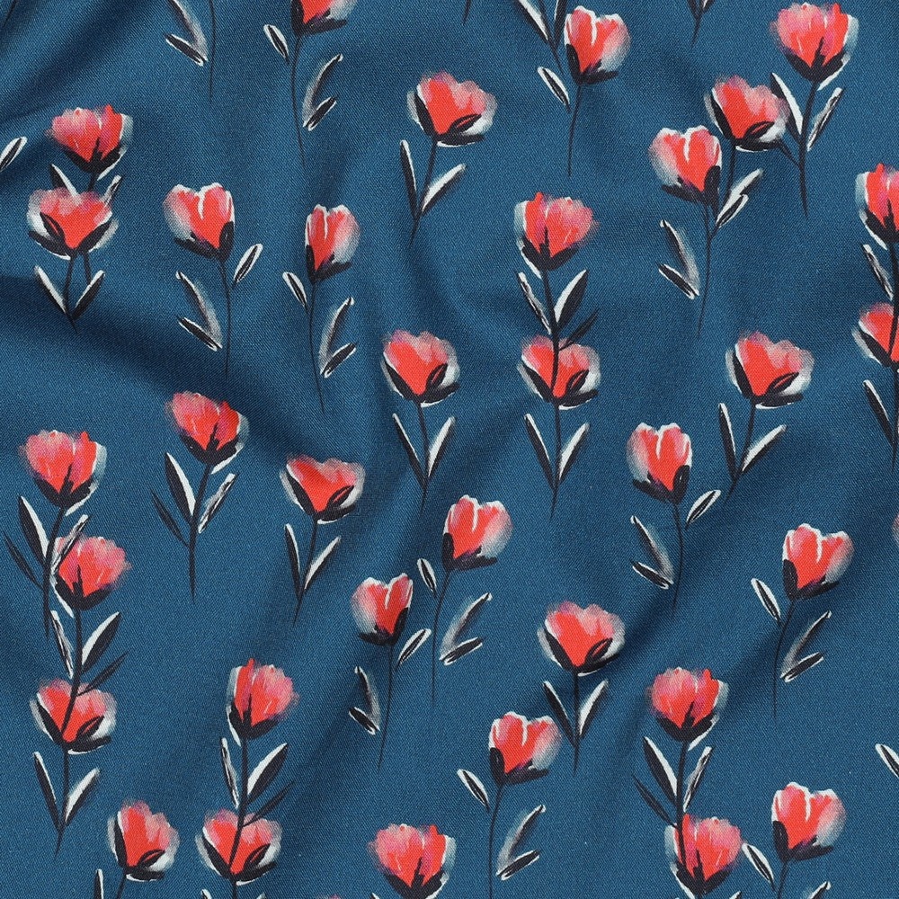 Katoen Poplin Stof Digitale Print - Bloemen - Petrol
