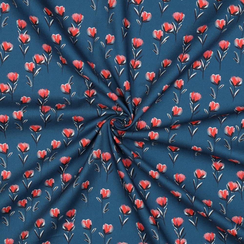 Katoen Poplin Stof Digitale Print - Bloemen - Petrol