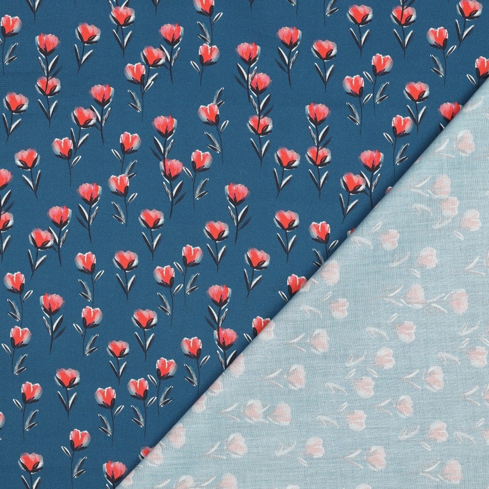 Katoen Poplin Stof Digitale Print - Bloemen - Petrol