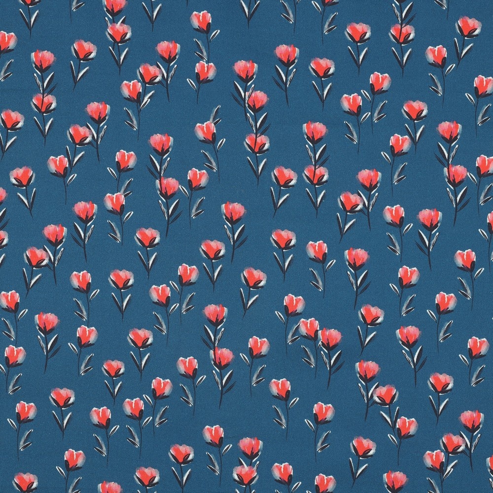 Katoen Poplin Stof Digitale Print - Bloemen - Petrol