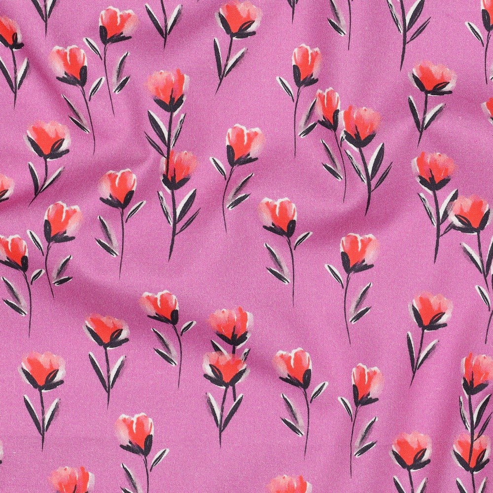 Katoen Poplin Stof Digitale Print - Bloemen - Fuchsia