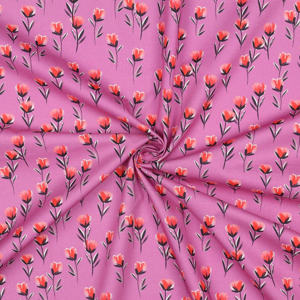 Katoen Poplin Stof Digitale Print - Bloemen - Fuchsia