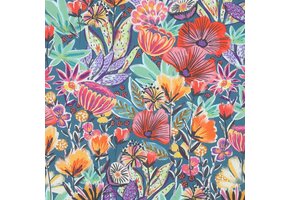 Katoen Poplin Stof Digitale Print - Bloemen - Petrol
