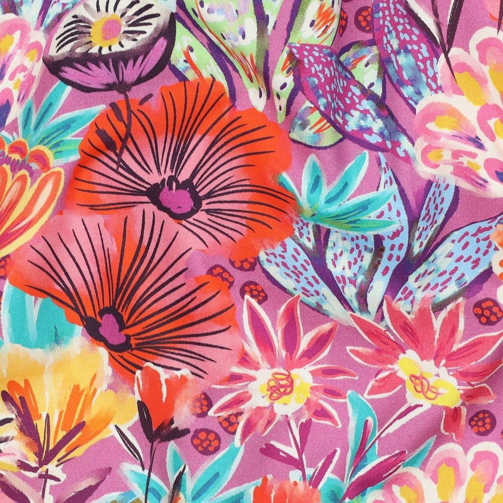 Katoen Poplin Stof Digitale Print - Bloemen - Fuchsia