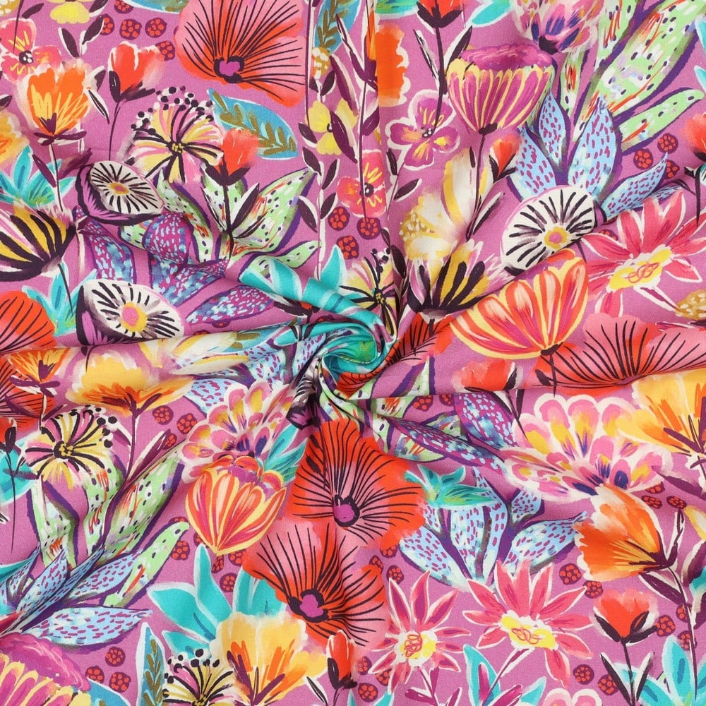 Katoen Poplin Stof Digitale Print - Bloemen - Fuchsia