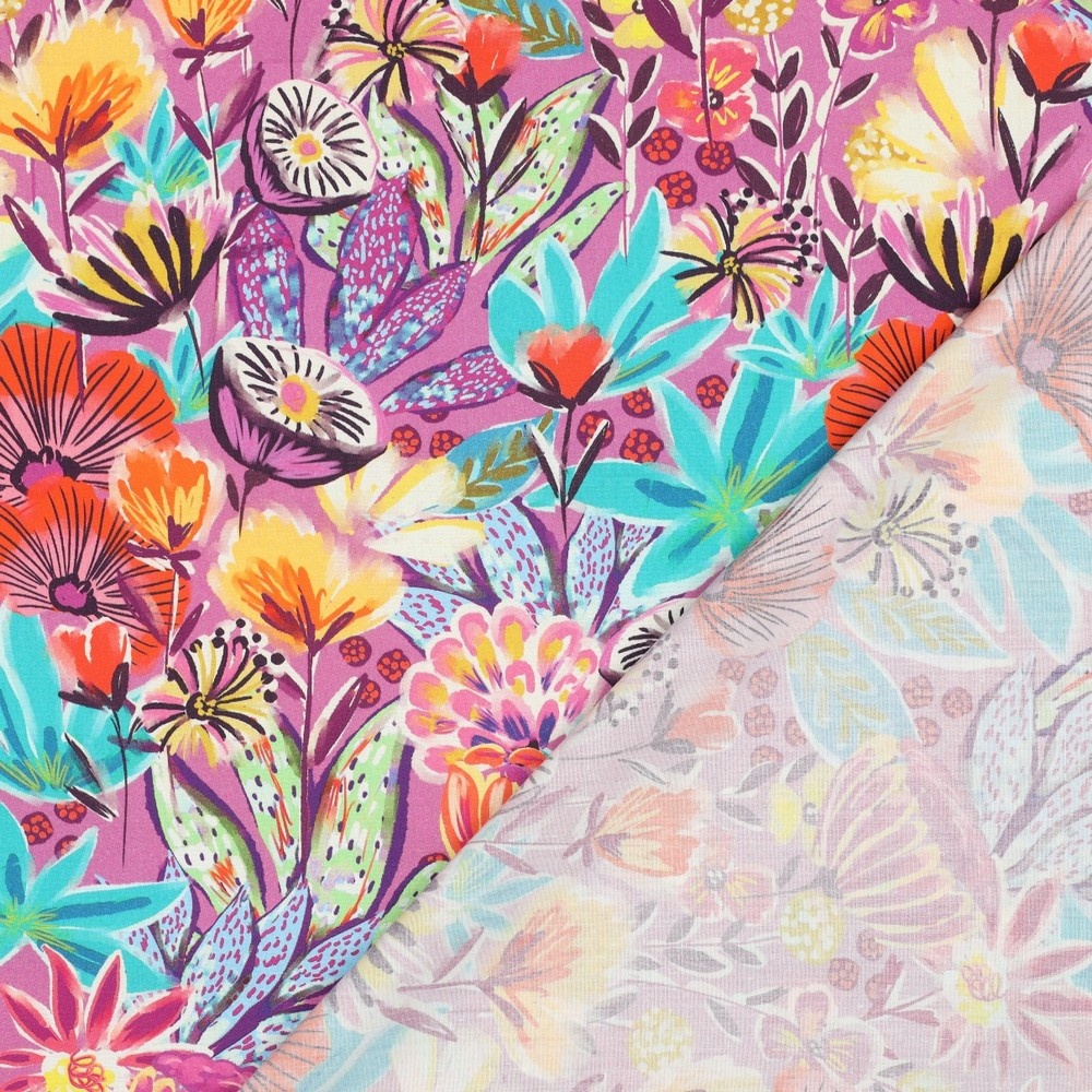 Katoen Poplin Stof Digitale Print - Bloemen - Fuchsia