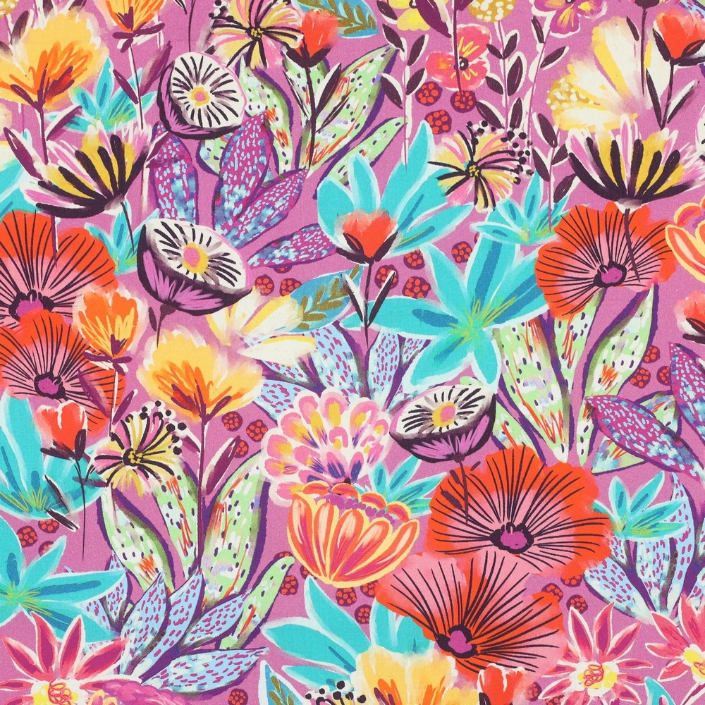 Katoen Poplin Stof Digitale Print - Bloemen - Fuchsia