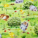 Katoen Deco Stof Paasweide Konijntjes & Kuikentjes - Lentegroen