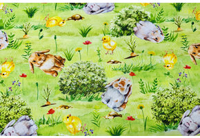 Katoen Deco Stof Paasweide Konijntjes & Kuikentjes - Lentegroen