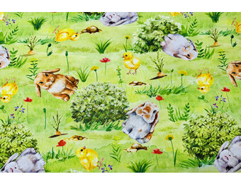 Katoen Deco Stof Paasweide Konijntjes & Kuikentjes - Lentegroen