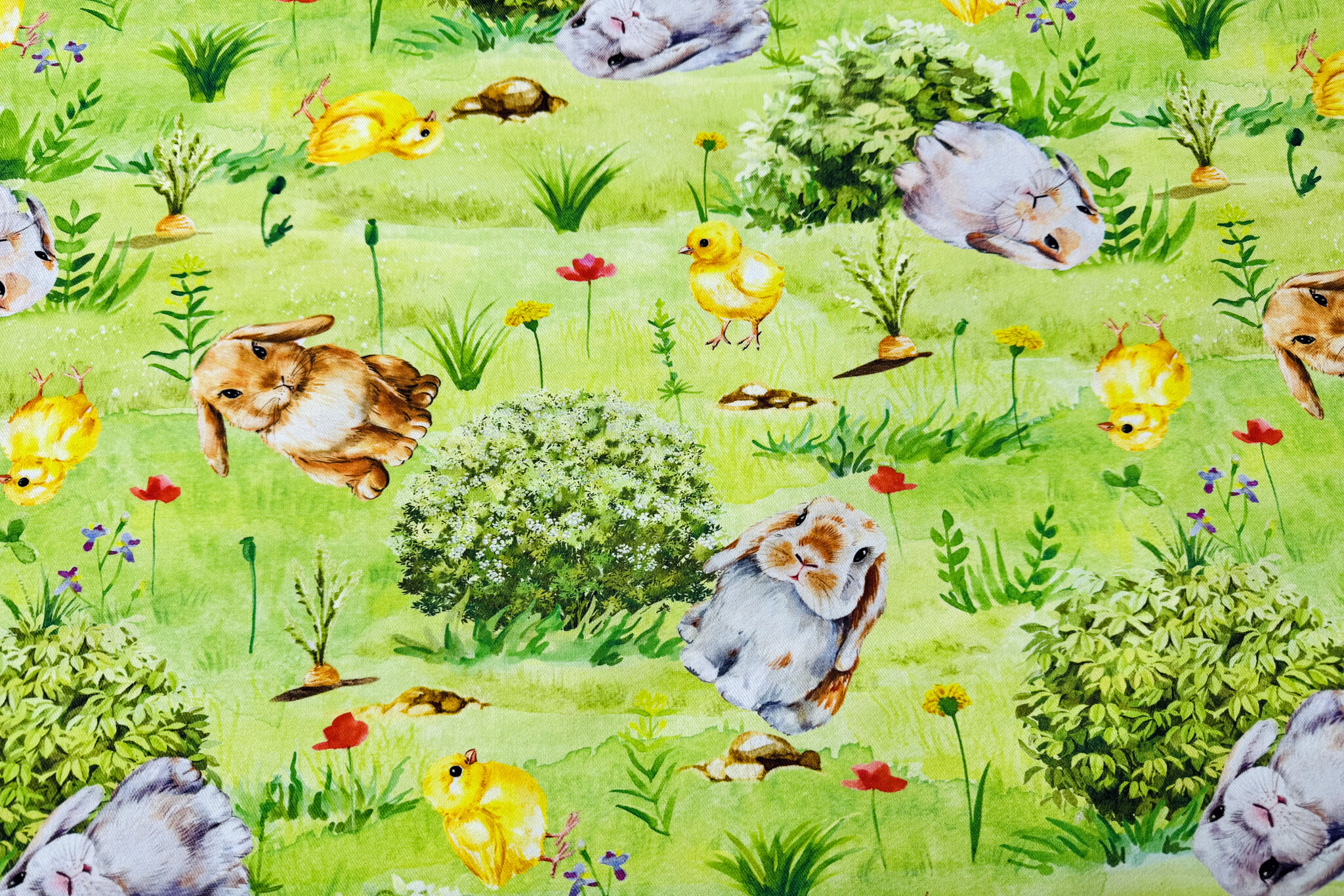 Katoen Deco Stof Paasweide Konijntjes & Kuikentjes - Lentegroen