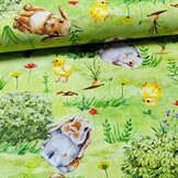 Katoen Deco Stof Paasweide Konijntjes & Kuikentjes - Lentegroen