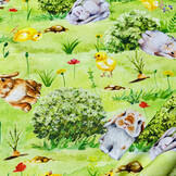 Katoen Deco Stof Paasweide Konijntjes & Kuikentjes - Lentegroen