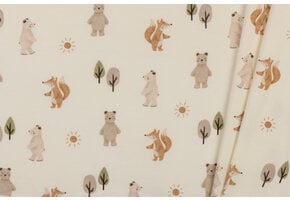 Jersey Katoen Stof Digitale Print - Bosvriendjes - Ecru