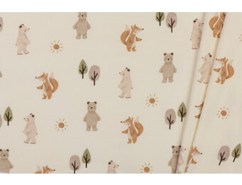 Jersey Katoen Stof Digitale Print - Bosvriendjes - Ecru