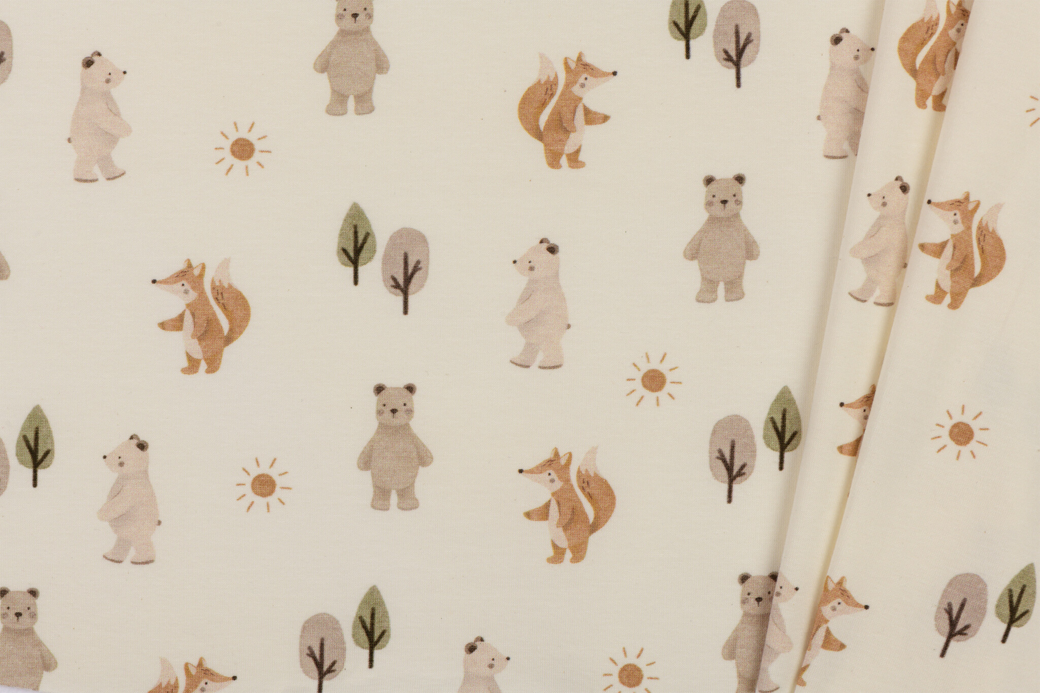 Jersey Katoen Stof Digitale Print - Bosvriendjes - Ecru