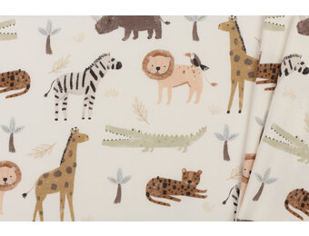 Jersey Katoen Stof Digitale Print - Safari Dieren - Ecru