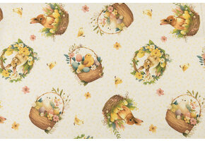 Katoen Deco Stof Paasgeluk Konijntjes & Kuikentjes - Wit