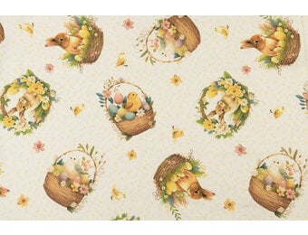 Katoen Deco Stof Paasgeluk Konijntjes & Kuikentjes - Wit