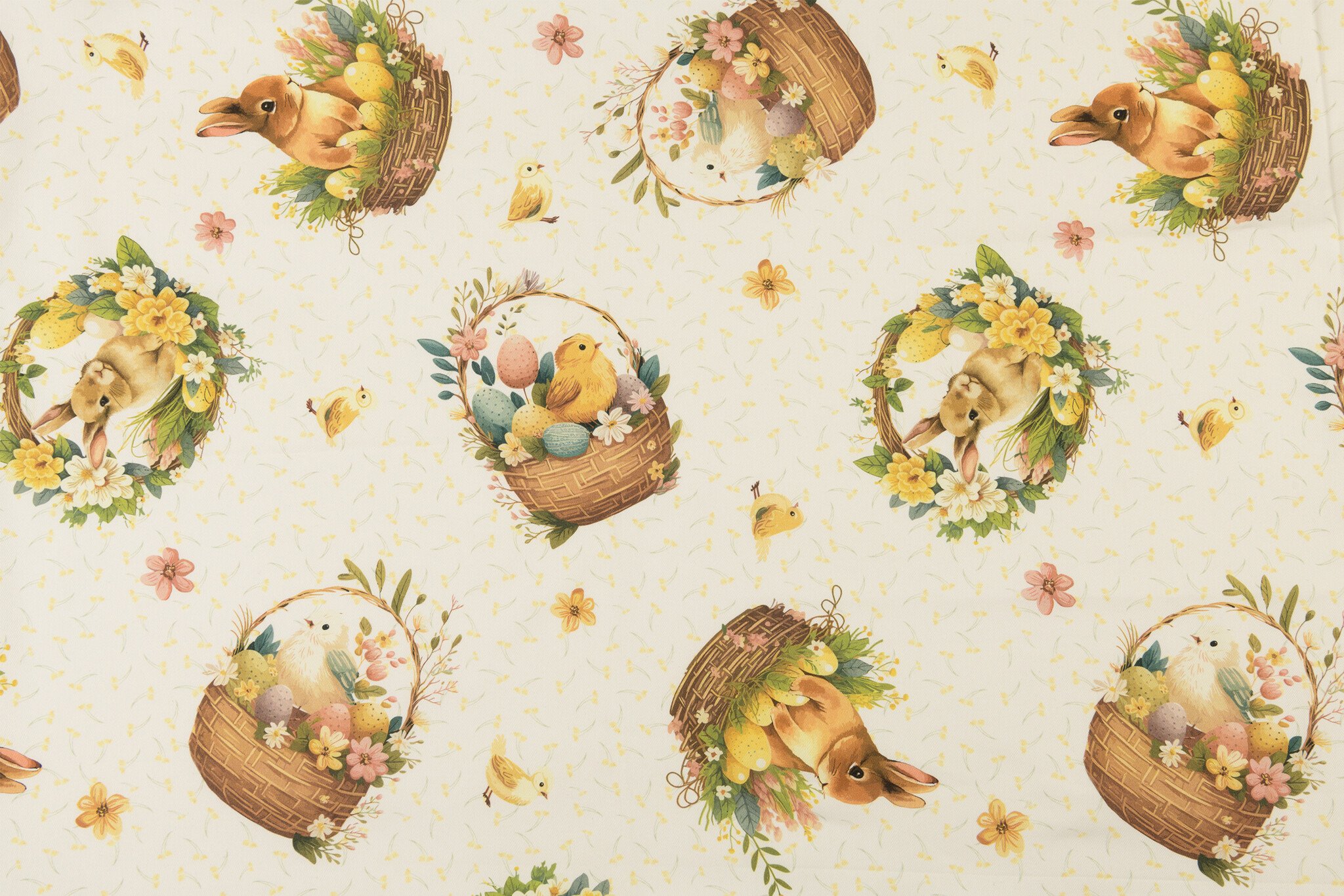 Katoen Deco Stof Paasgeluk Konijntjes & Kuikentjes - Wit