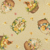 Katoen Deco Stof Paasgeluk Konijntjes & Kuikentjes - Beige