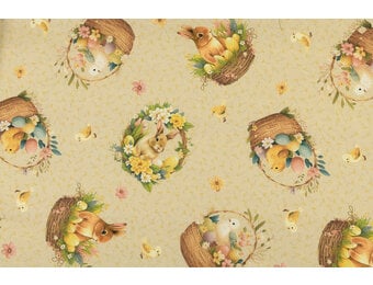 Katoen Deco Stof Paasgeluk Konijntjes & Kuikentjes - Beige