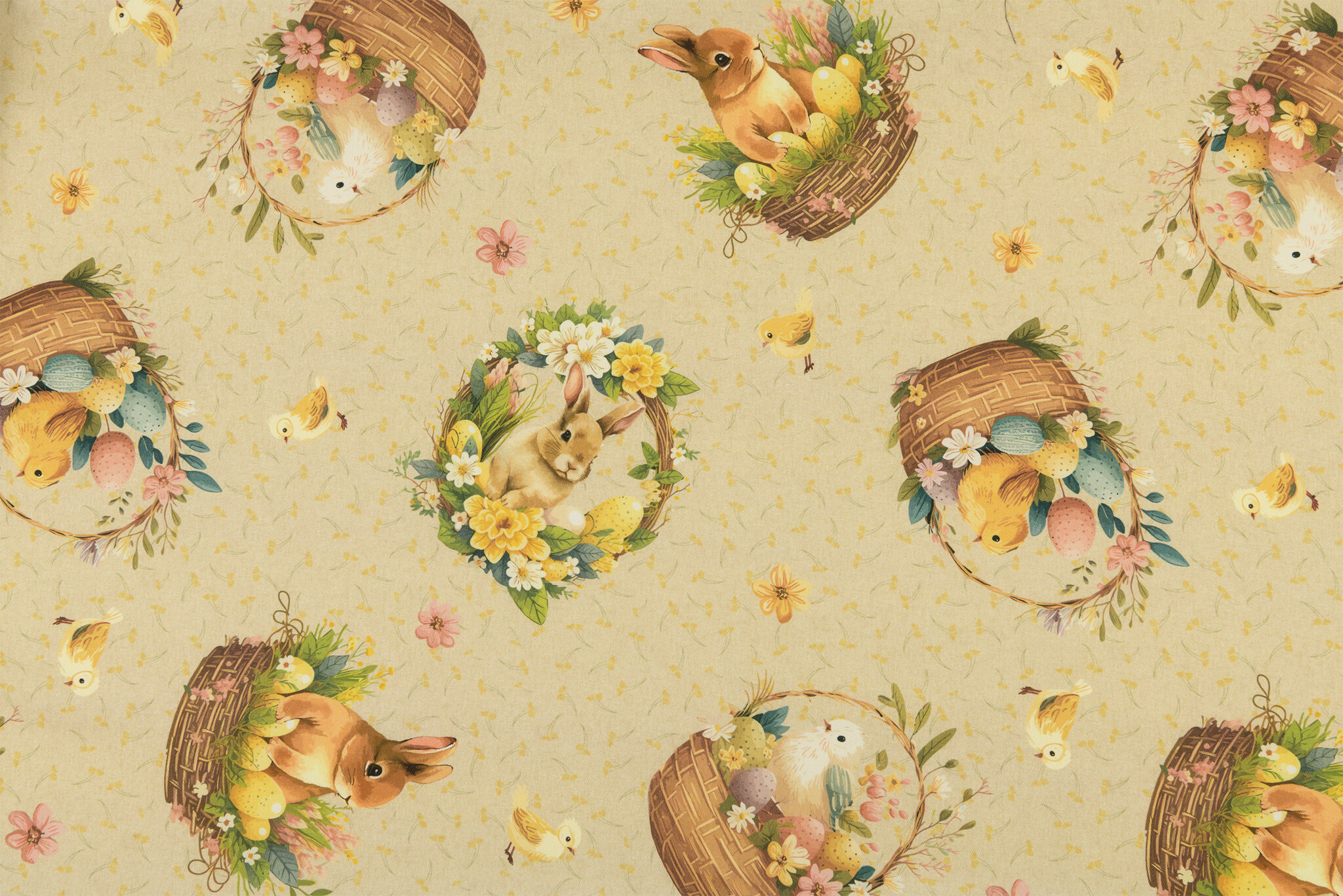 Katoen Deco Stof Paasgeluk Konijntjes & Kuikentjes - Beige