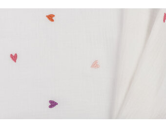 Hydrofiel Stof Embroidery Hartjes Roze- Oranje