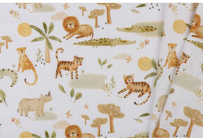 Katoen Poplin Stof - Jungle Dieren - Wit - Camel