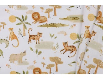 Katoen Poplin Stof - Jungle Dieren - Wit - Camel