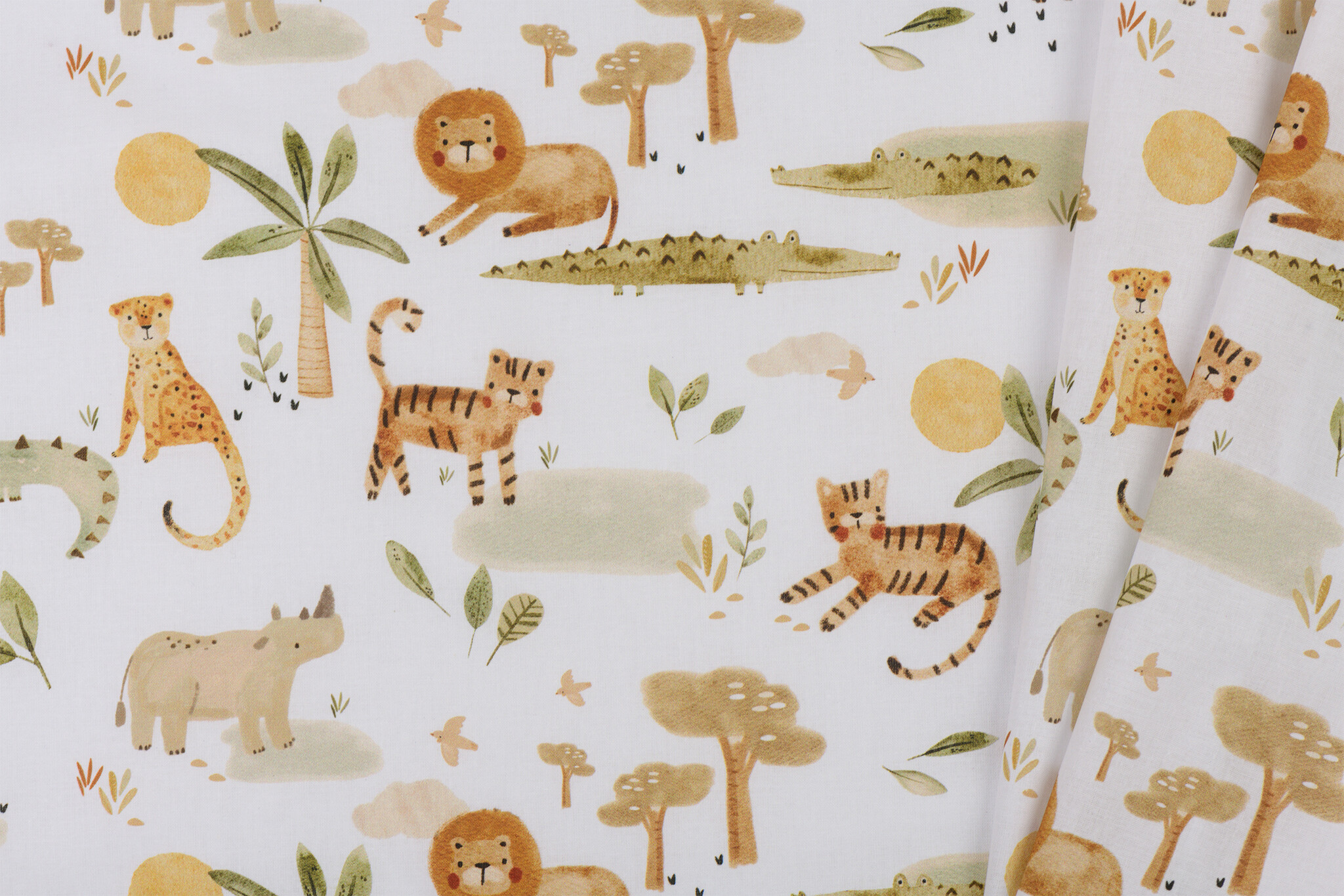Katoen Poplin Stof - Jungle Dieren - Wit - Camel