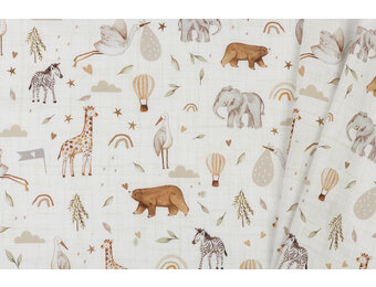 Katoen Poplin Stof - Safari Dieren Ecru - Camel