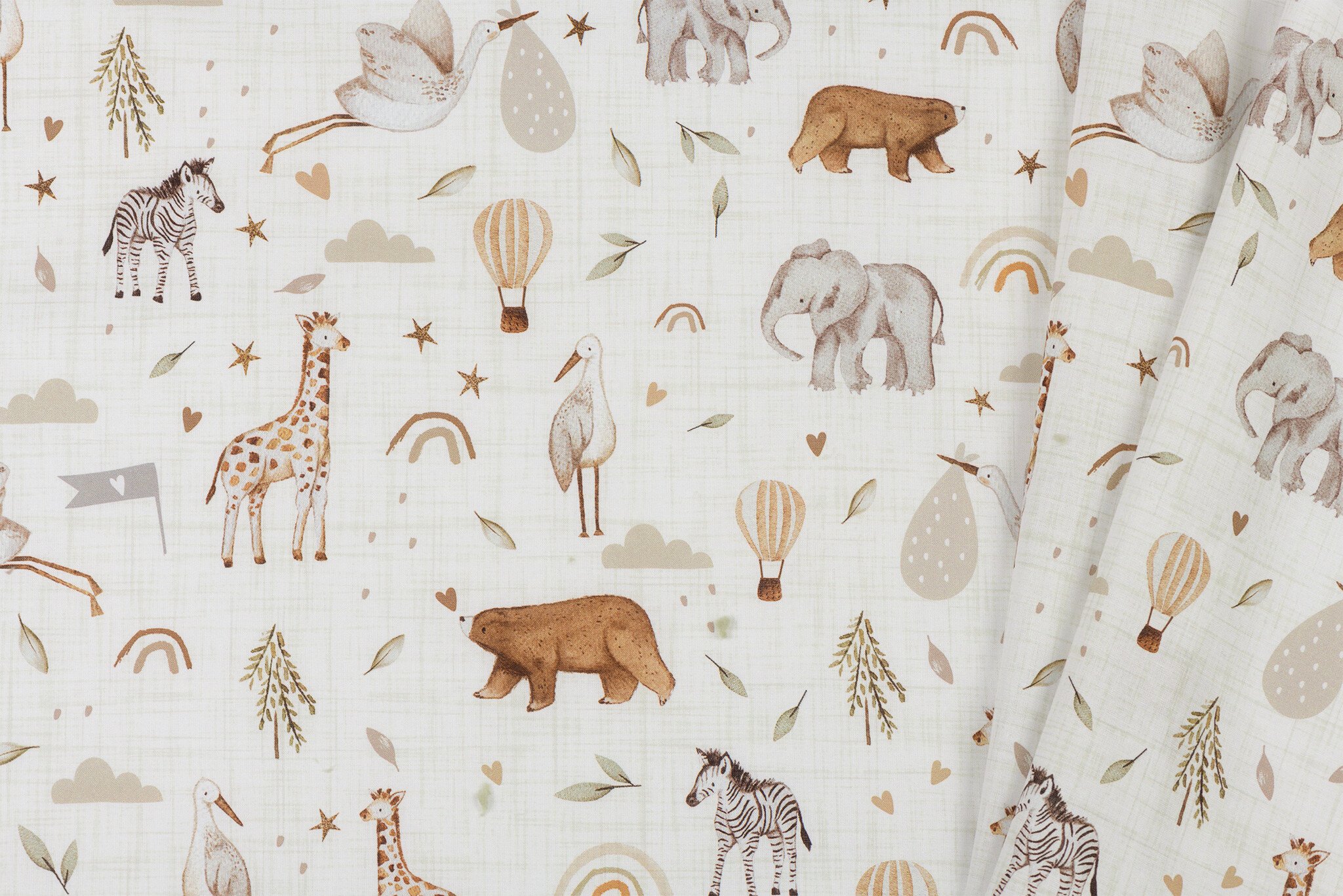 Katoen Poplin Stof - Safari Dieren Ecru - Camel