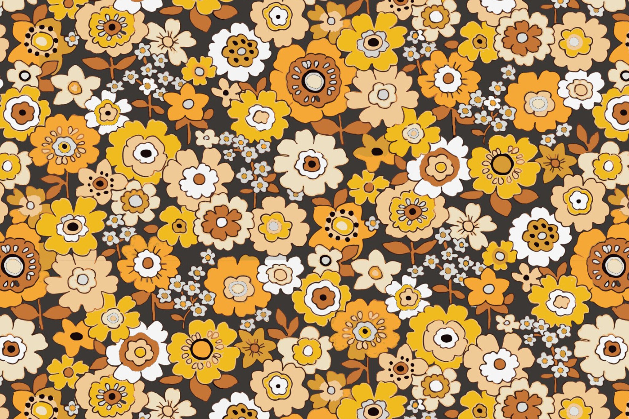 Katoen Stof Retro Bloemen Popette Aarde Geel