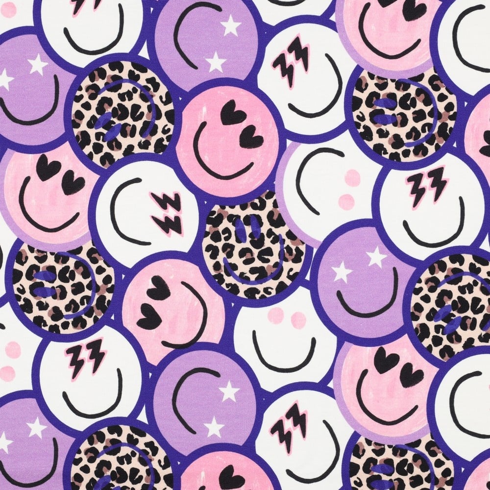 French Terry Stof Panter Happy Faces – Paars
