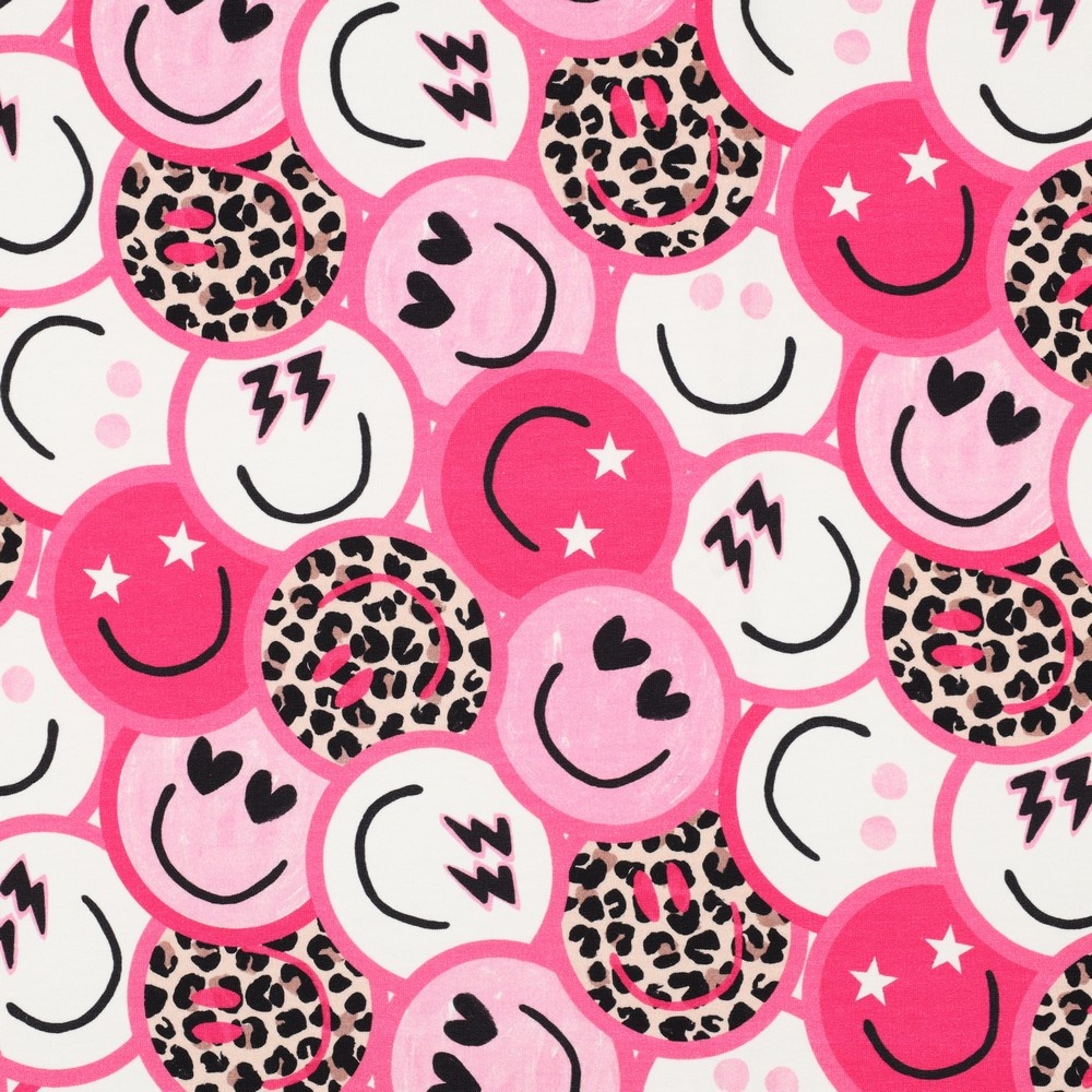 French Terry Stof Panter Happy Faces – Roze