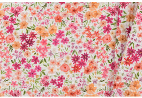 Wafelkatoen Piqué Stof - Gebroken Wit met Roze Bloemen