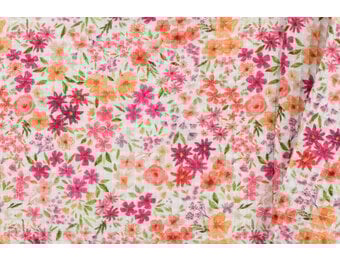 Wafelkatoen Piqué Stof - Gebroken Wit met Roze Bloemen