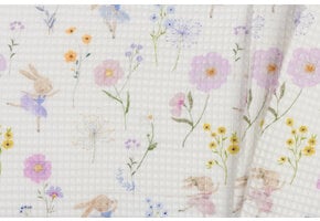 Wafelkatoen Piqué Stof - Konijntjes & Bloemen - Off White