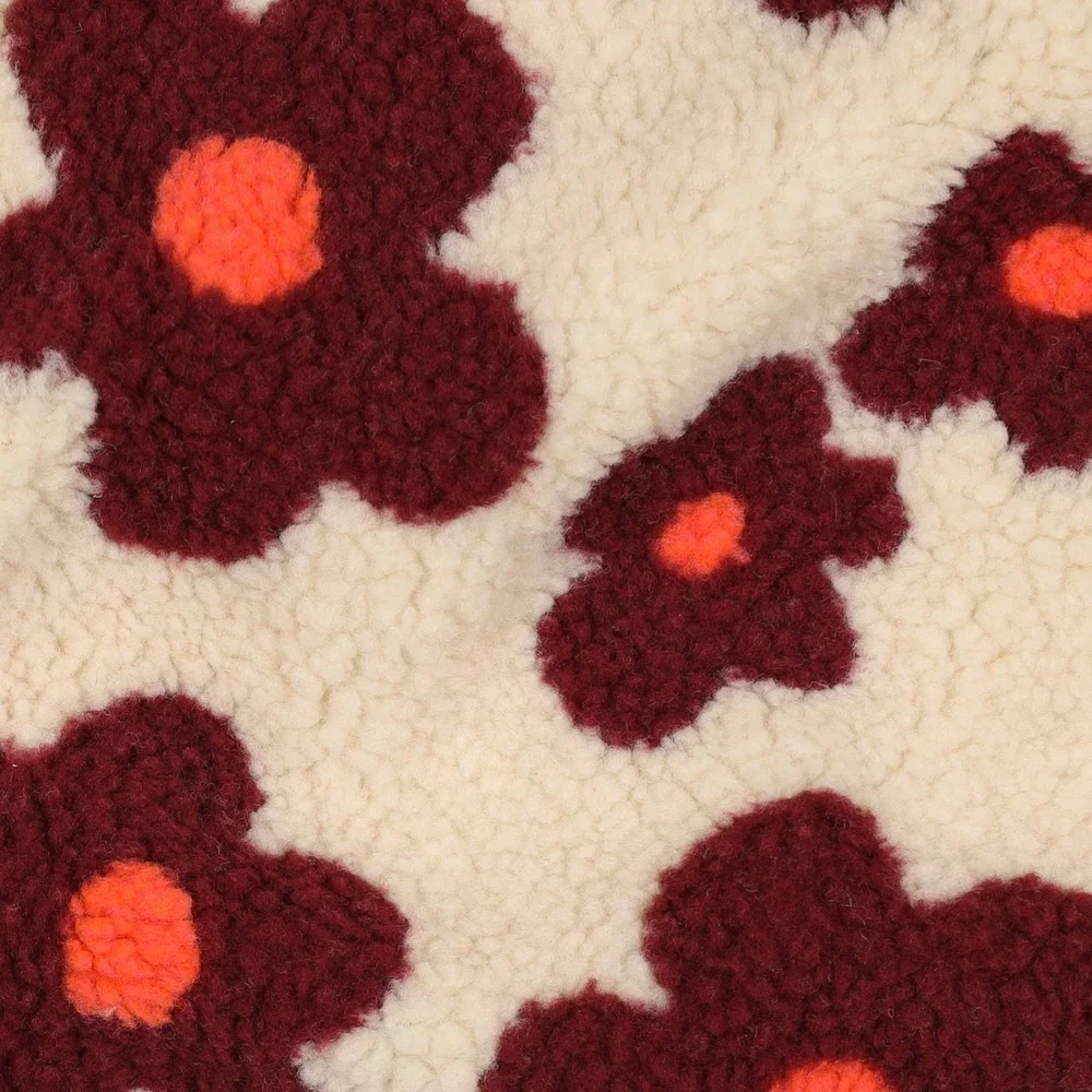 Teddy Stof Bloemen - Beige/Wijnrood