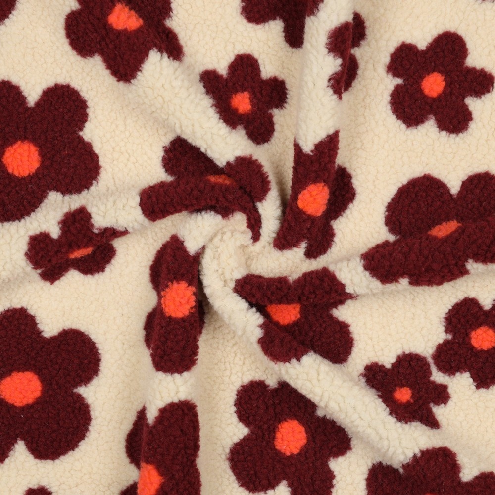 Teddy Stof Bloemen - Beige/Wijnrood