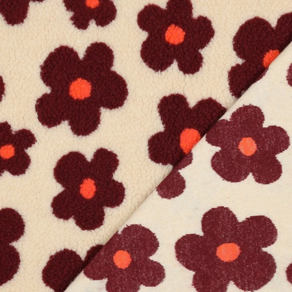 Teddy Stof Bloemen - Beige/Wijnrood