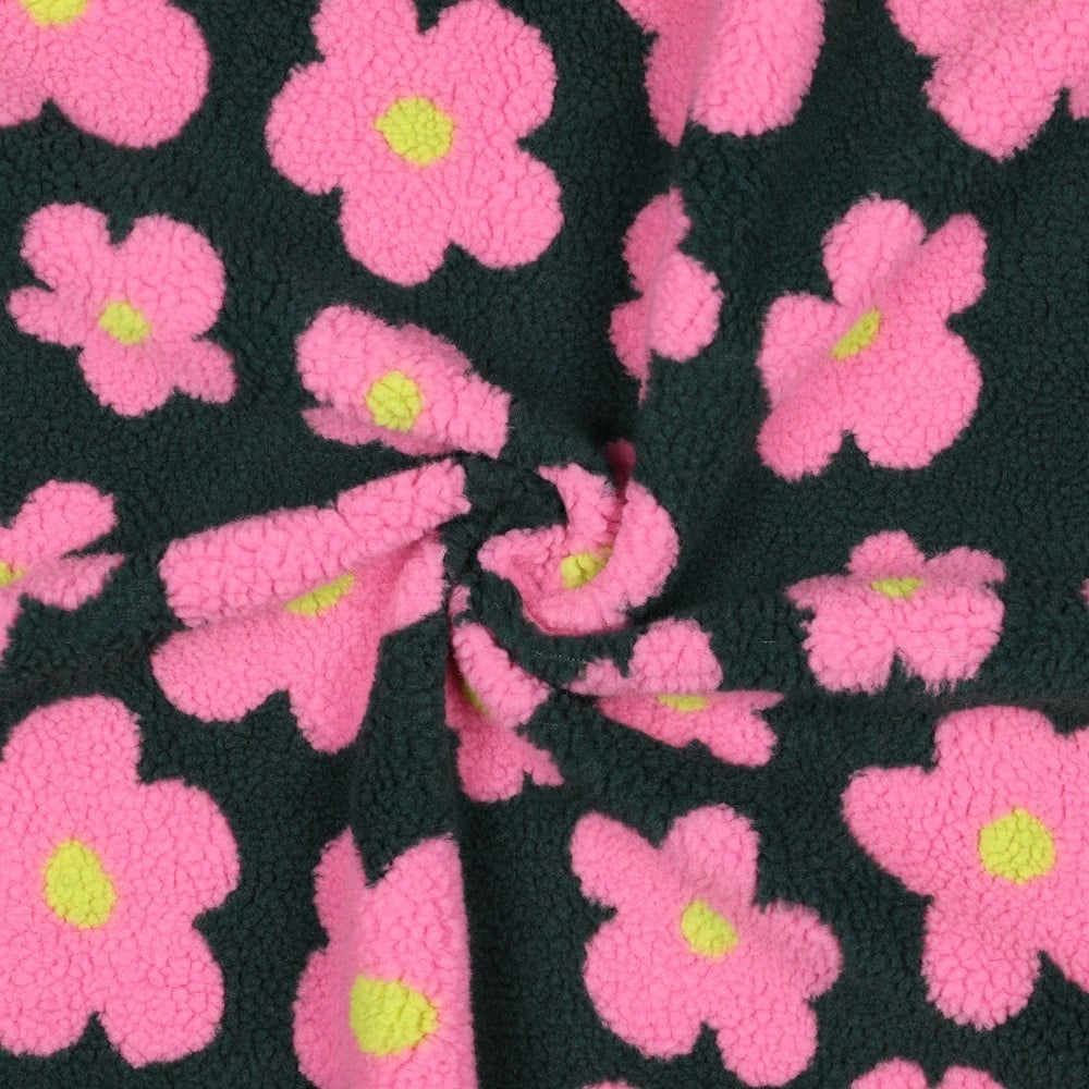 Teddy Stof Bloemen - Bosgroen/Roze