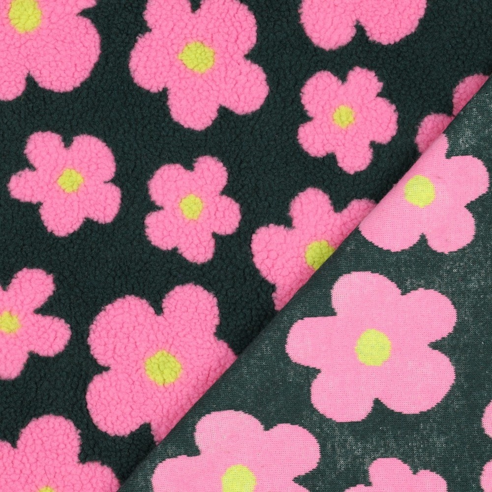Teddy Stof Bloemen - Bosgroen/Roze