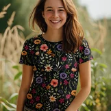 Jersey Katoen Stof Bloemen - Donkerblauw